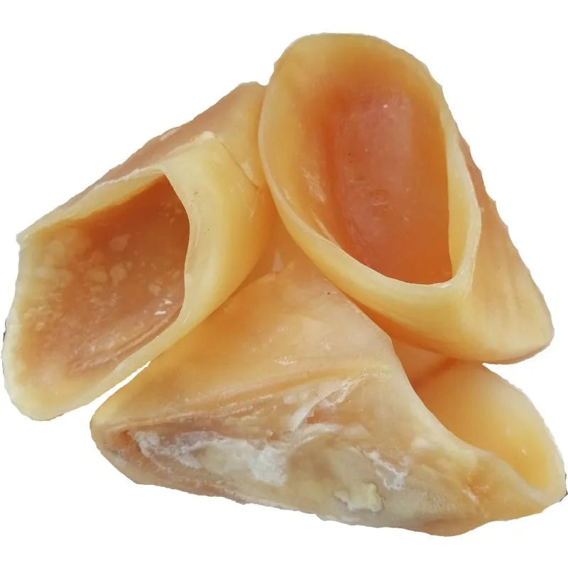 Natural cowhide dog chew with hoof shell texture in small and large sizes for dogs.