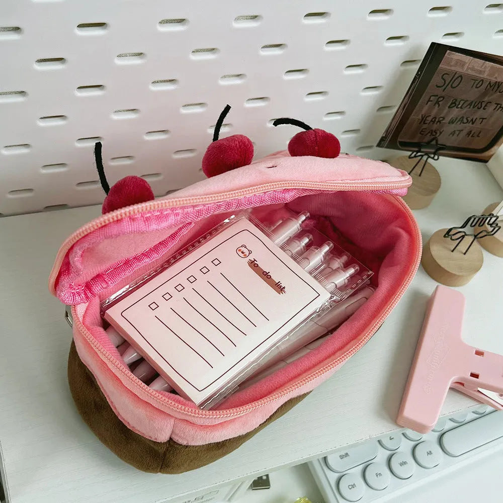 Cherry cake coloured velvet plush pencil bag with a zip, shown in Korean style.