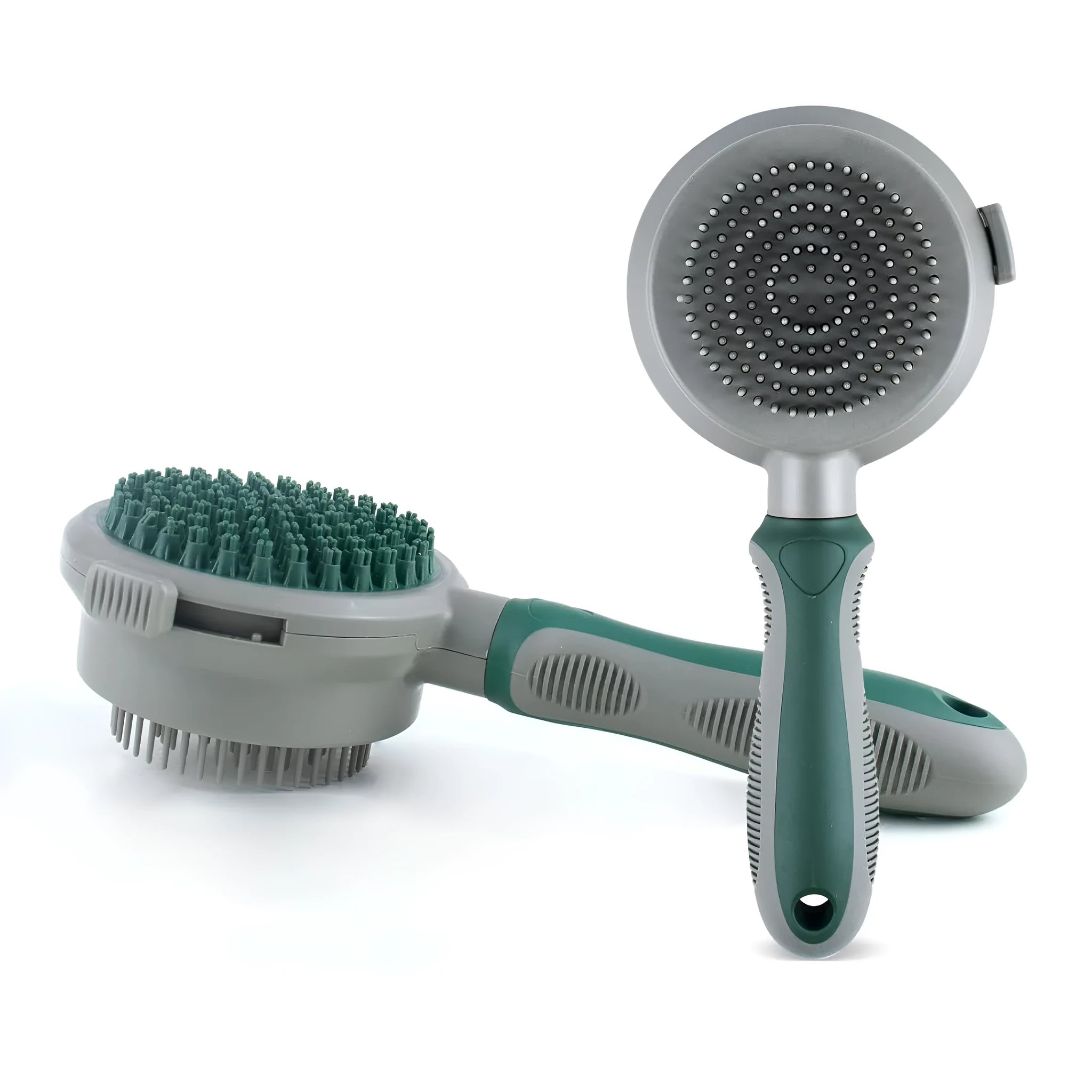 Green and pink two-sided silicone pet grooming brush with retractable slicker brush and octopus-teethed massager
