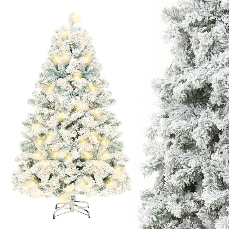 Green and white artificial PVC Christmas tree with snow effect and metal stand.