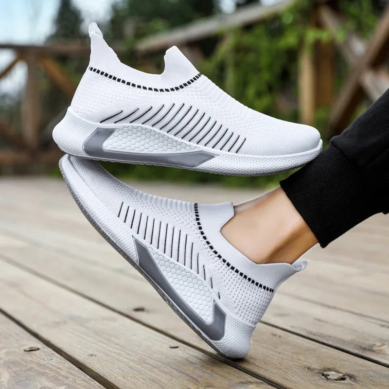 Men's striped mesh sock shoes with lace-up front and flat heel design