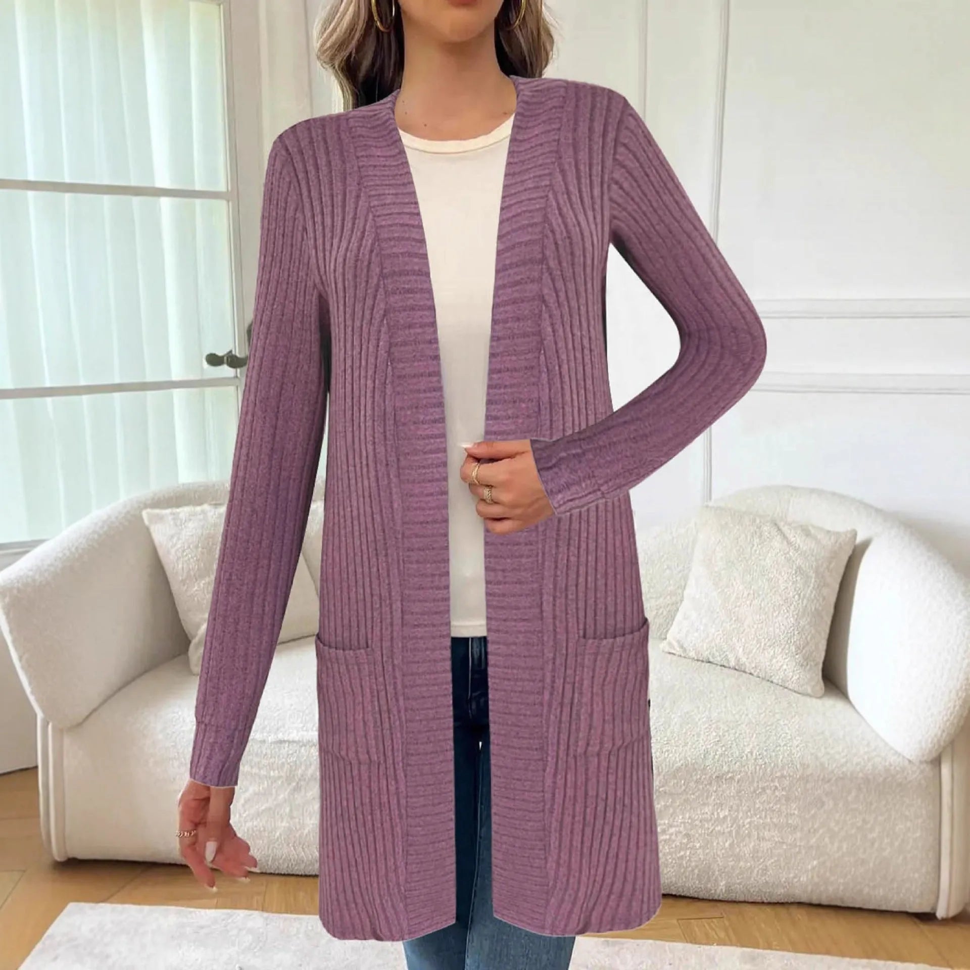Long sleeve loose fit knitted cardigan jacket with pockets in black, plus sizes 1XL to 5XL.