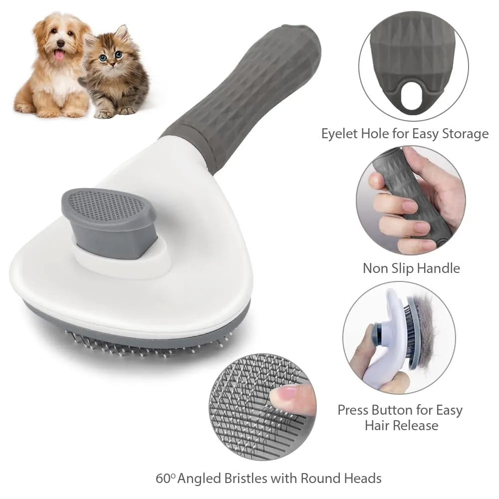 Blue, grey, or pink cat brush with a release button and fine wire bristles for pet grooming.