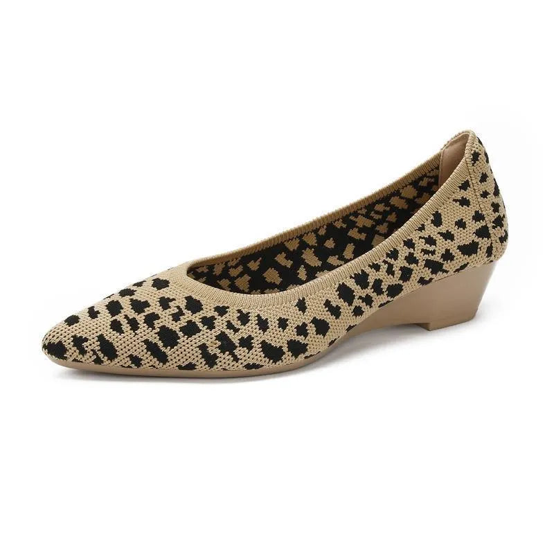 Women's pointed toe wedge pumps with flyknit mesh upper in leopard print and apricot colours