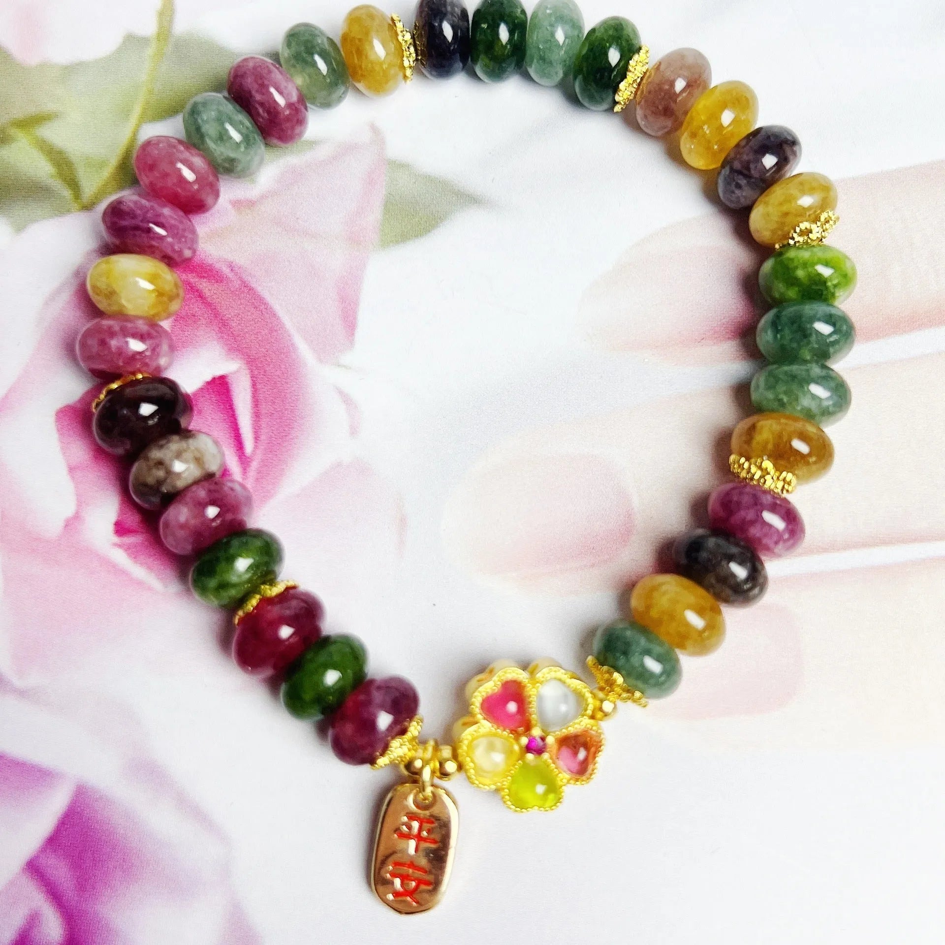 Colourful tourmaline abacus bead bracelet for women with artificial crystal beads and original design