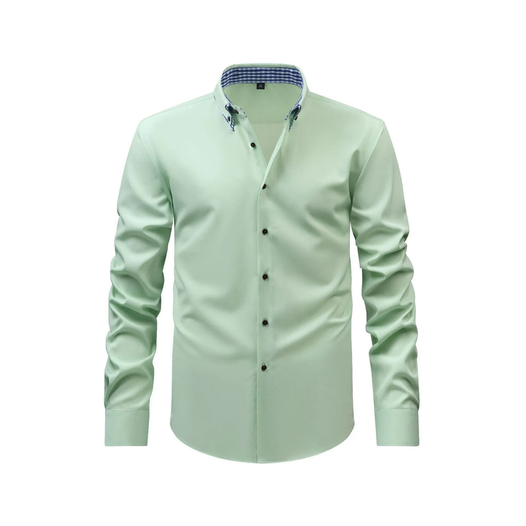 Double collar stitching casual shirt in black showing cardigan style and solid colour design with button front