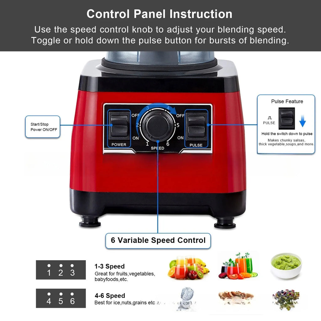 Red commercial blender with 2200W motor and 2L capacity for professional catering use