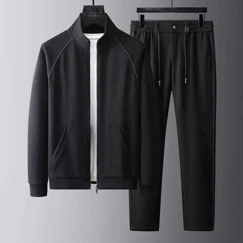 Men's stand collar slim fit casual sports suit in Vinylon fabric, shown in coffee colour