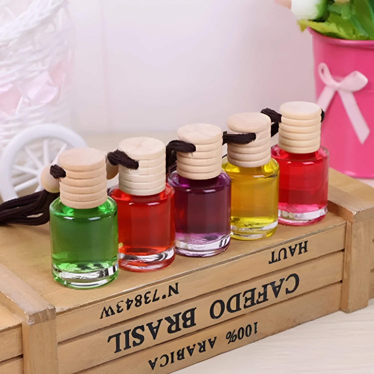 Glass bottle car air freshener hanging ornament with choice of 55g scent refills