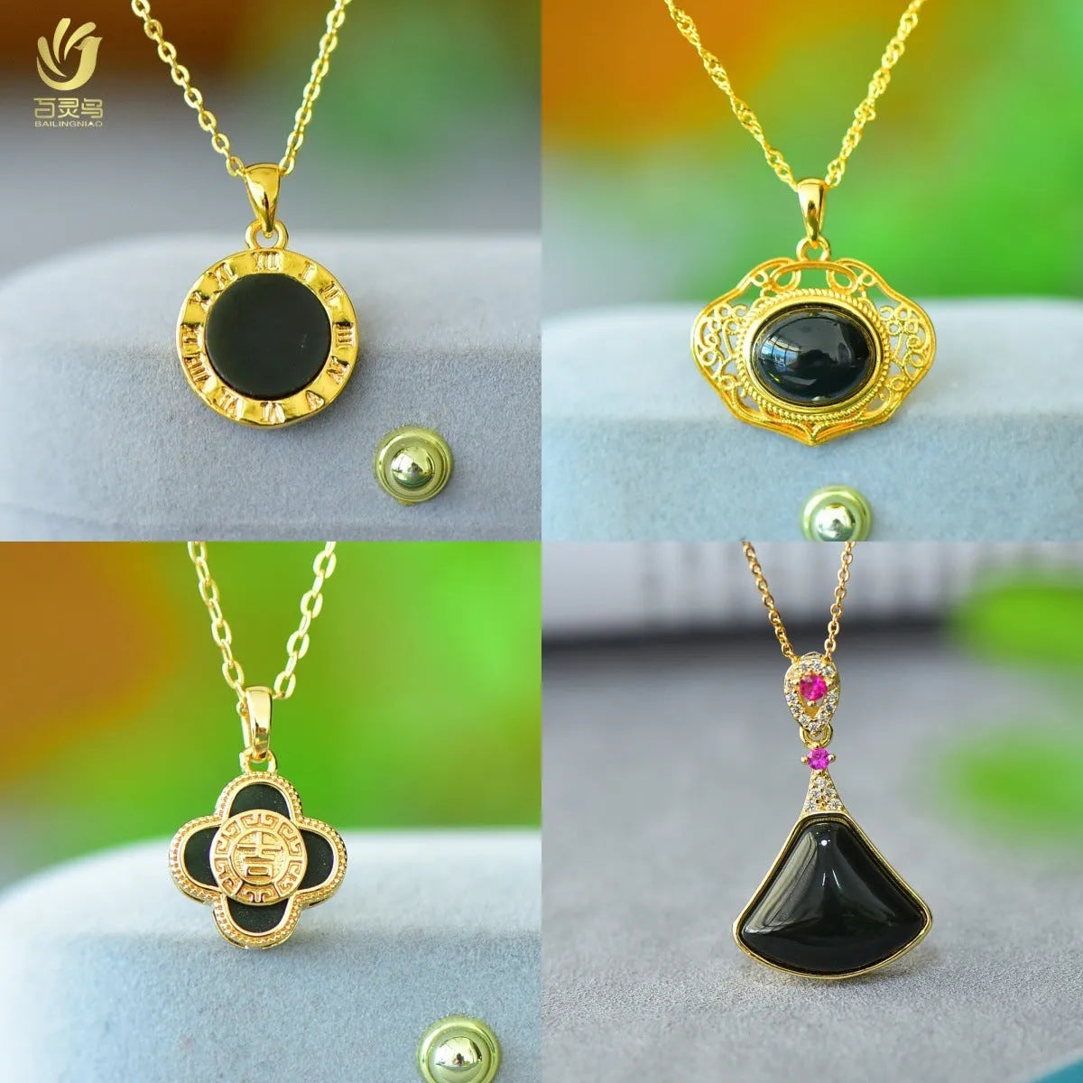 Natural Hetian gray jade pendant necklace with copper inlay detailing and ink blue jade accents.