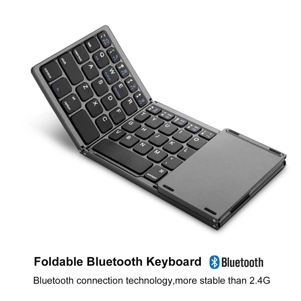 Mini tri-fold Bluetooth keyboard shown folded and unfolded with silver finish