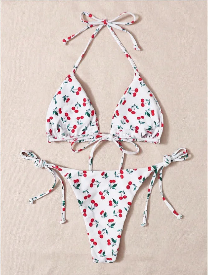 Holiday split halter bikini swimwear set in solid colour with briefs style and backless design