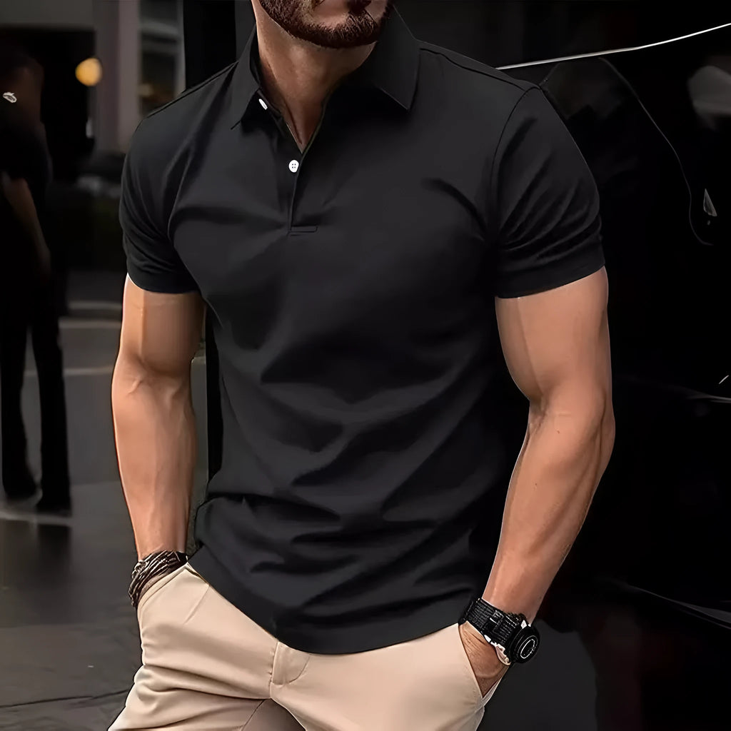Men's solid colour slim fit short sleeve shirt in cotton mixed fabric on a hanger.