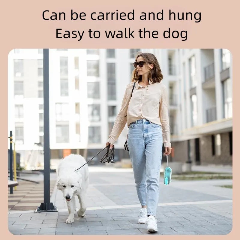 Blue foldable portable dog water bottle with attached drinking bowl for outdoor use.