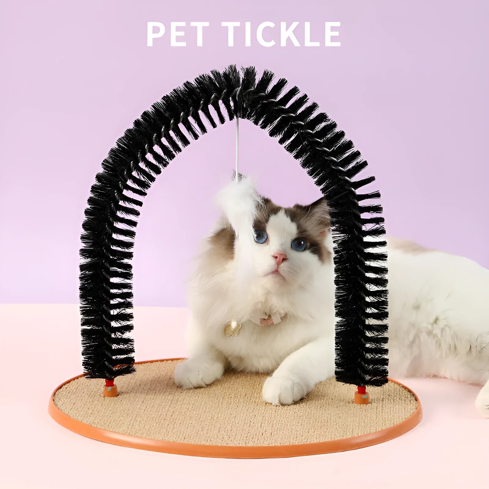 Black arch-shaped cat scratching post with grooming brush surface and attached plush mouse toy