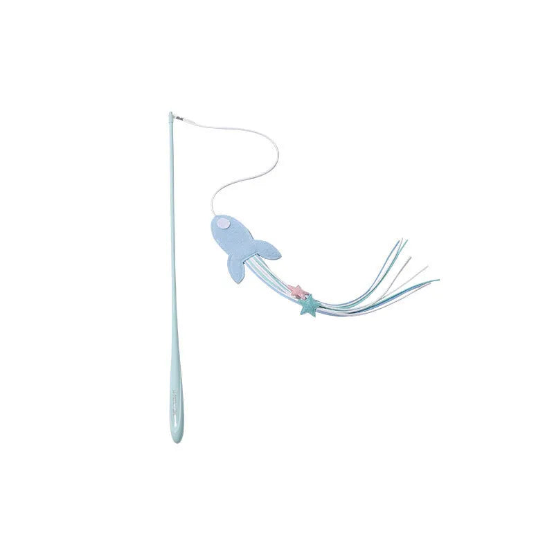 Blue rocket cat teaser toy with feathers on long pole for interactive play with kittens and cats