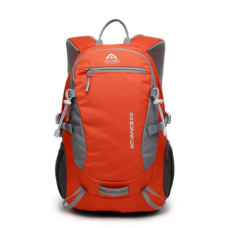 20-litre backpack shown in available colours: black, blue, green, orange, red, rose red, turquoise.