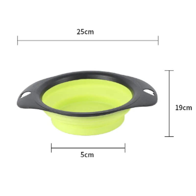 Black silicone pet bowl shown both folded flat and snapped open, next to a dog leash.