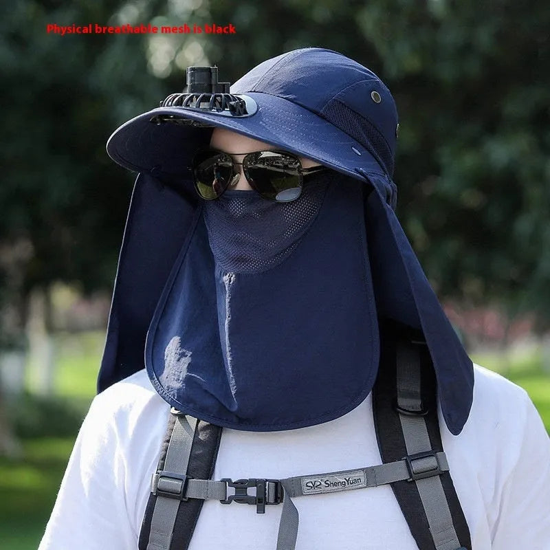 Men's khaki sun protection hat with USB fan and attached face covering shawl for neck protection.