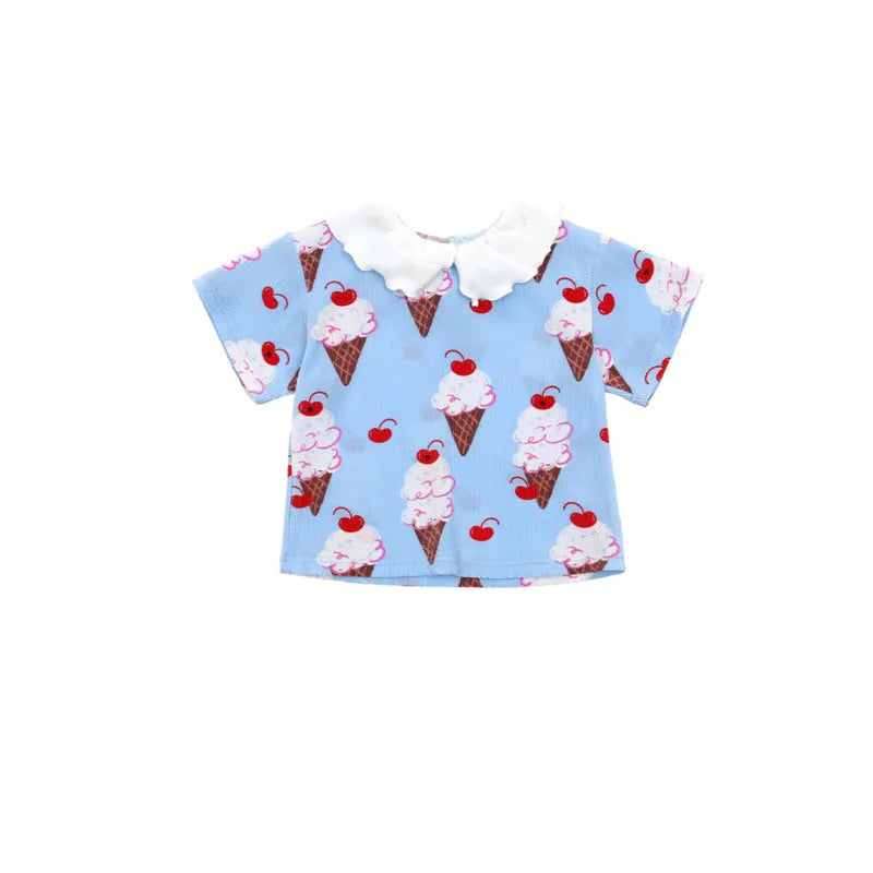 Children's ice cream pleated T-shirt shorts Korean set in BE Blue Suit on child model front view