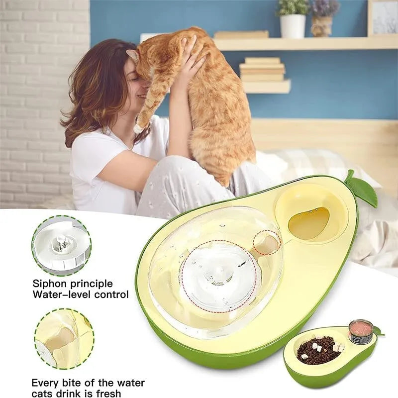Avocado shaped automatic cat water dispenser and slow feeder bowl set