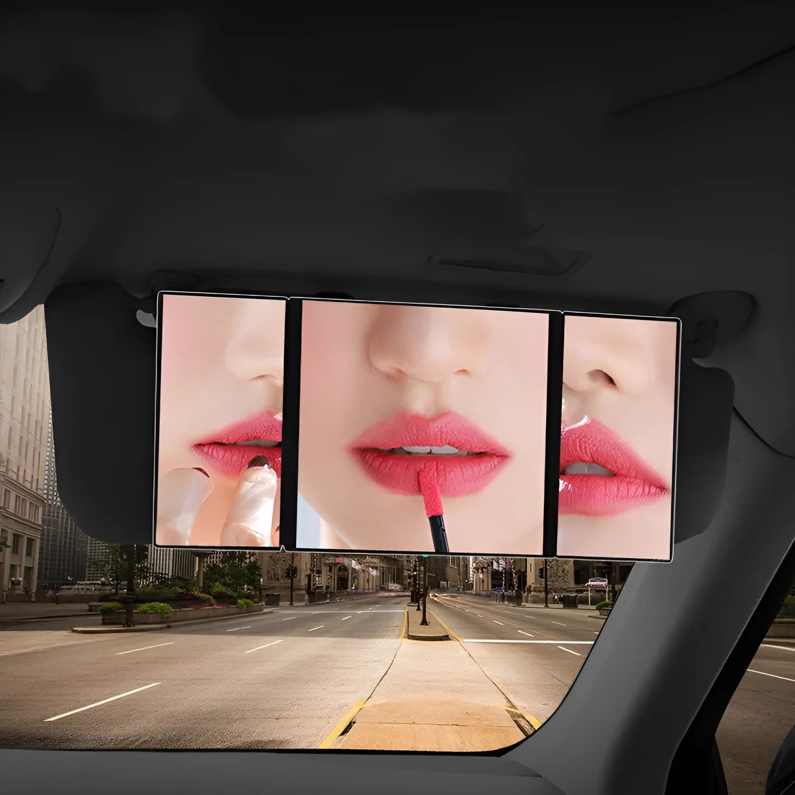 Silver portable folding car mirror shown both closed and open to double its length.