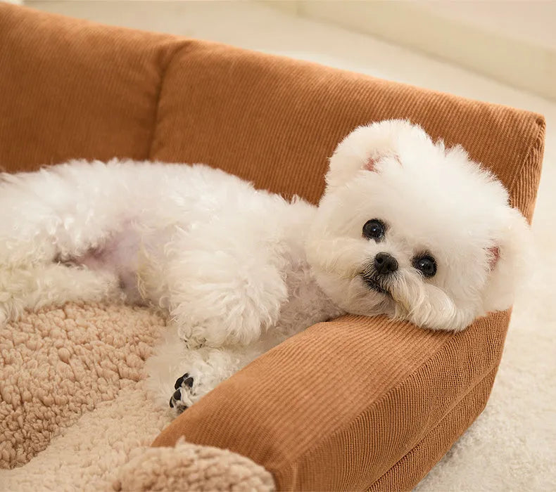 Grey removable plush cover dog kennel cushion mat with anti-slip base in three sizes.