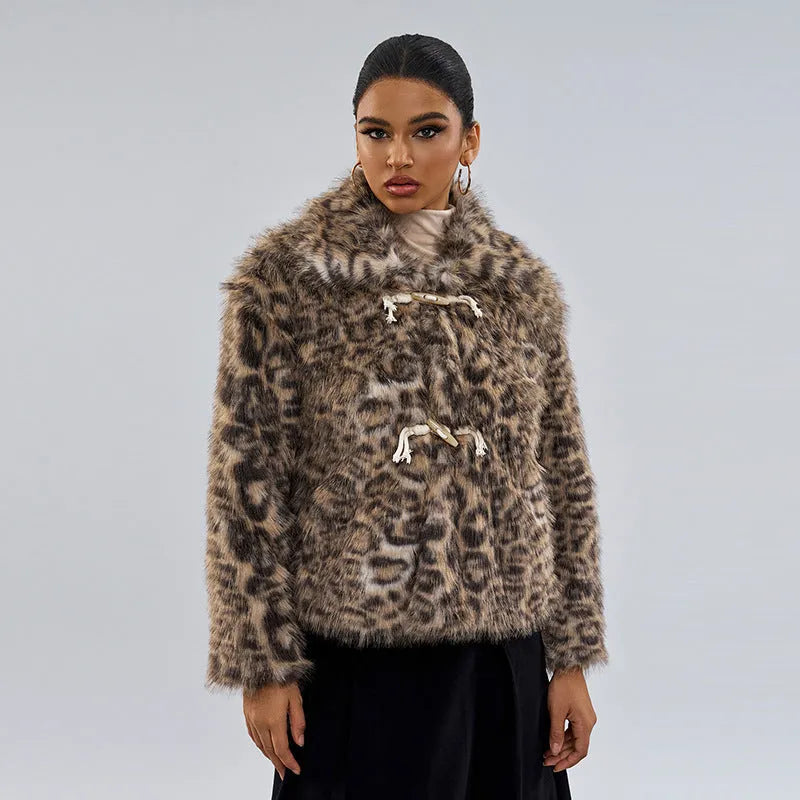 Women's leopard print coat with buckle lapel detailing and regular sleeves