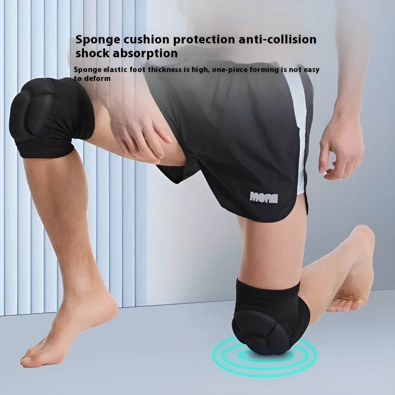 A pair of black and blue kneepads with thick sponge padding for dance and sports.