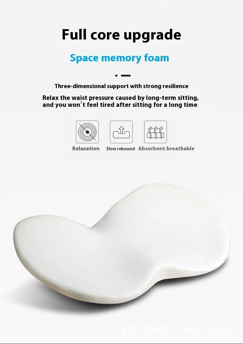 Flat black memory foam car seat cushion on a grey car seat.