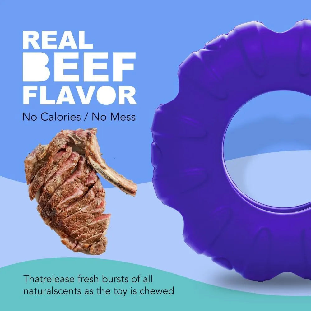 Blue green red beef flavoured tyre-shaped natural rubber dog chew toy and slow feeder