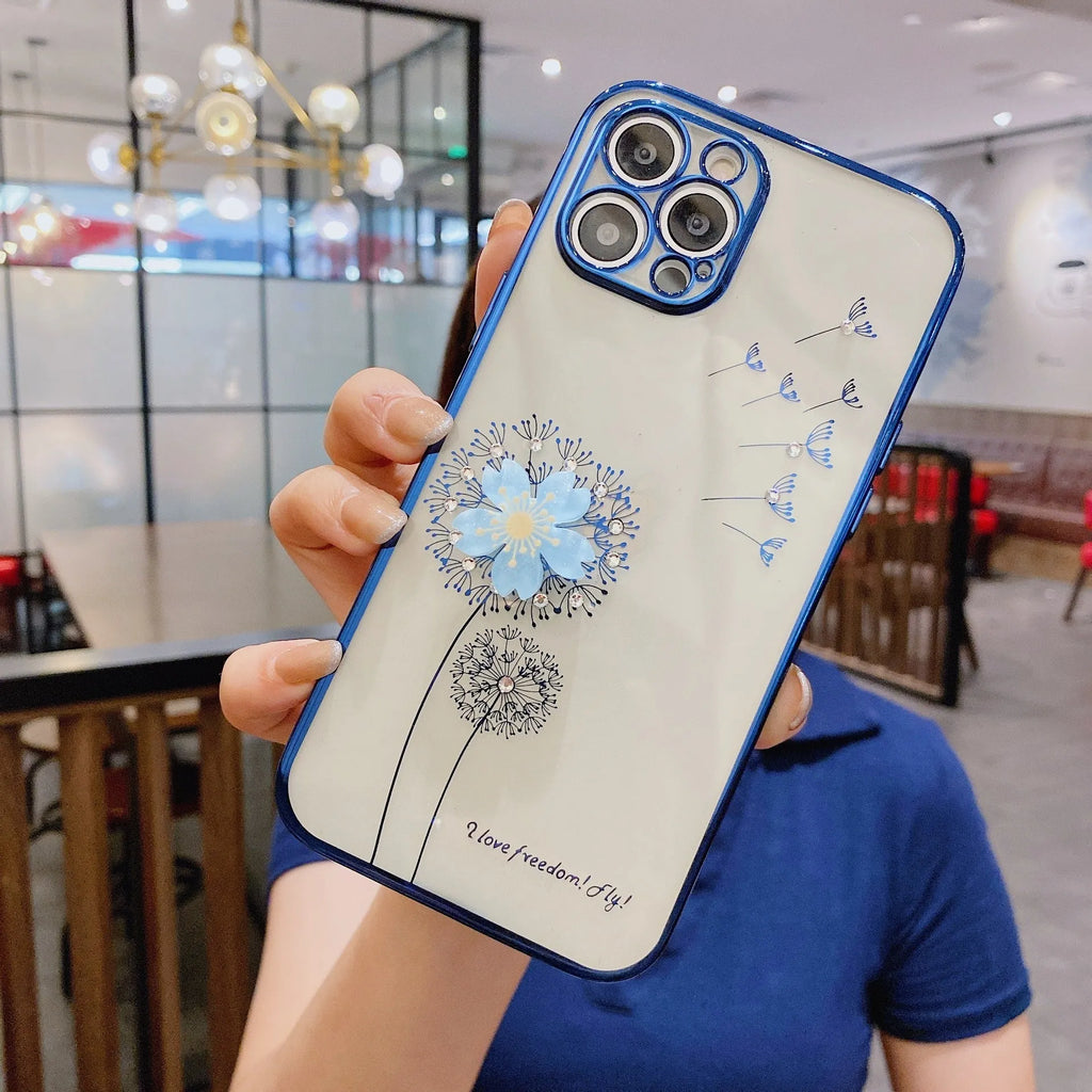 Green silicone iPhone case with a built-in screen protector and a white 3D flower spin stand on the back.