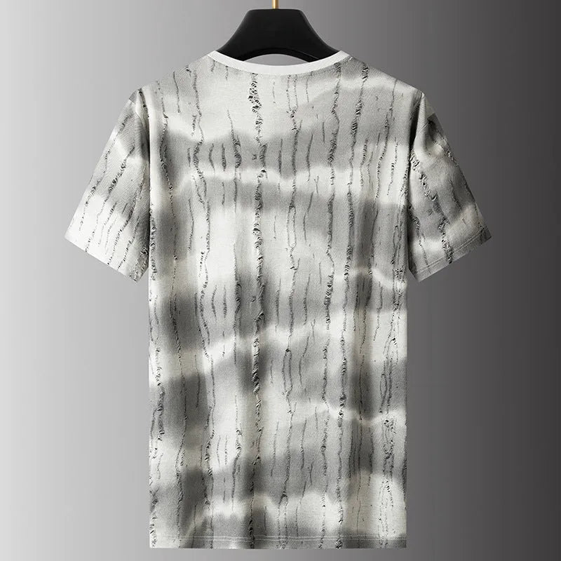 Men's plus size grey silk t-shirt with round neck and short sleeves on hanger
