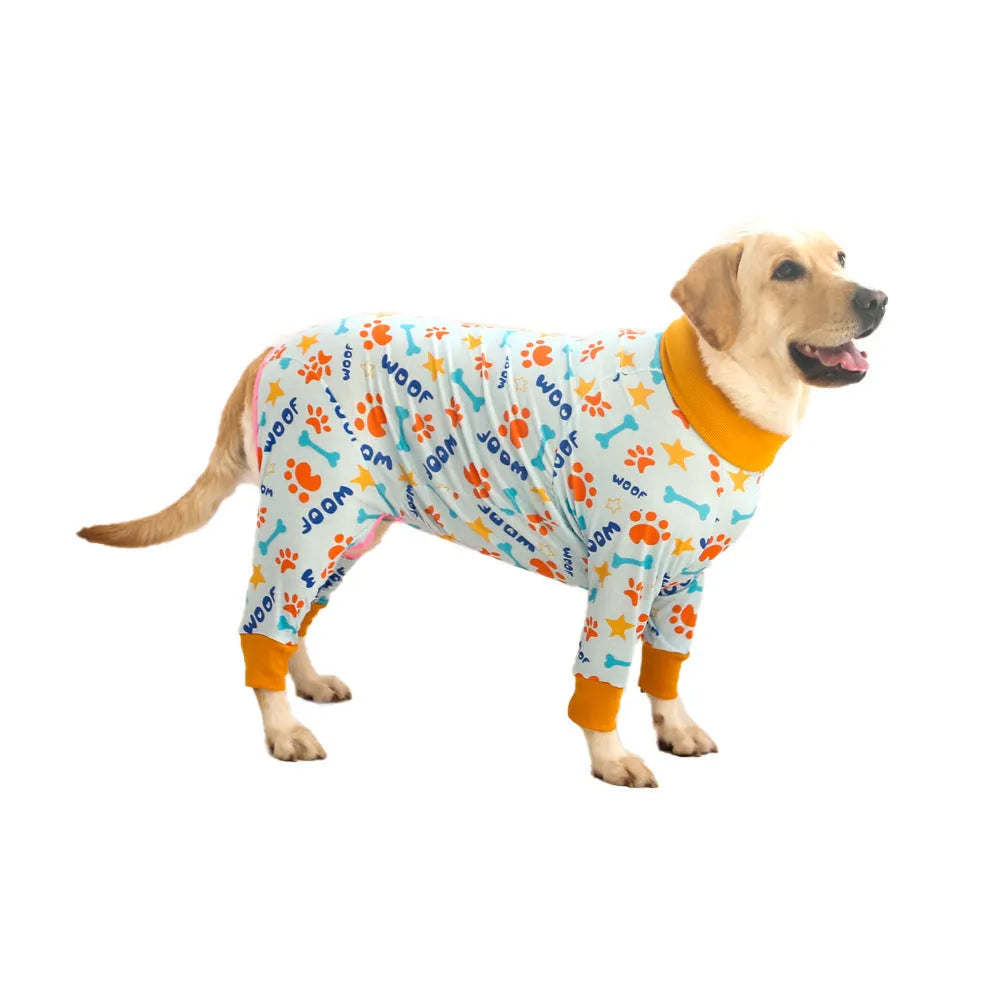Cotton dog jumpsuit four-legged pet clothing in a colour from the CF26-CF33 range, shown on a mannequin.