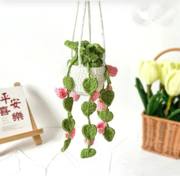 Green and white knitted wool car plant decoration with 8cm base and 25cm hanging rope