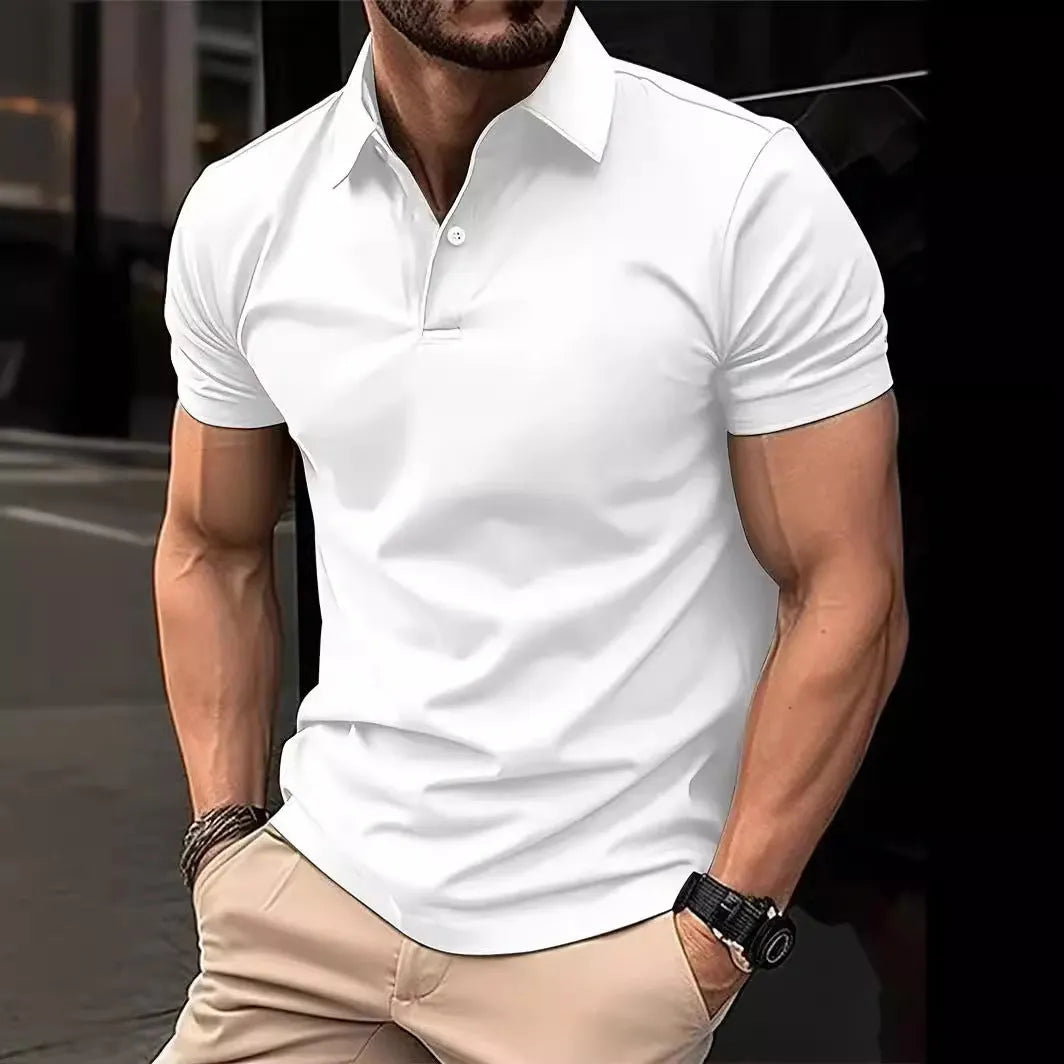Men's solid colour slim fit short sleeve shirt in cotton mixed fabric on a hanger.