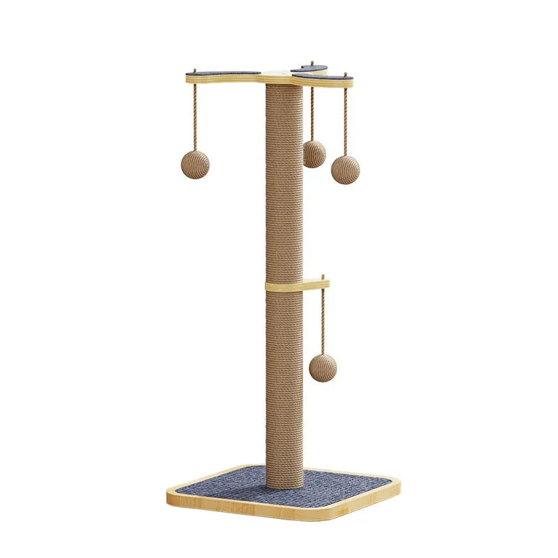 A simple, scratch-resistant cat climbing frame toy with a chip hanging ball, made from pine wood and carpet leather.