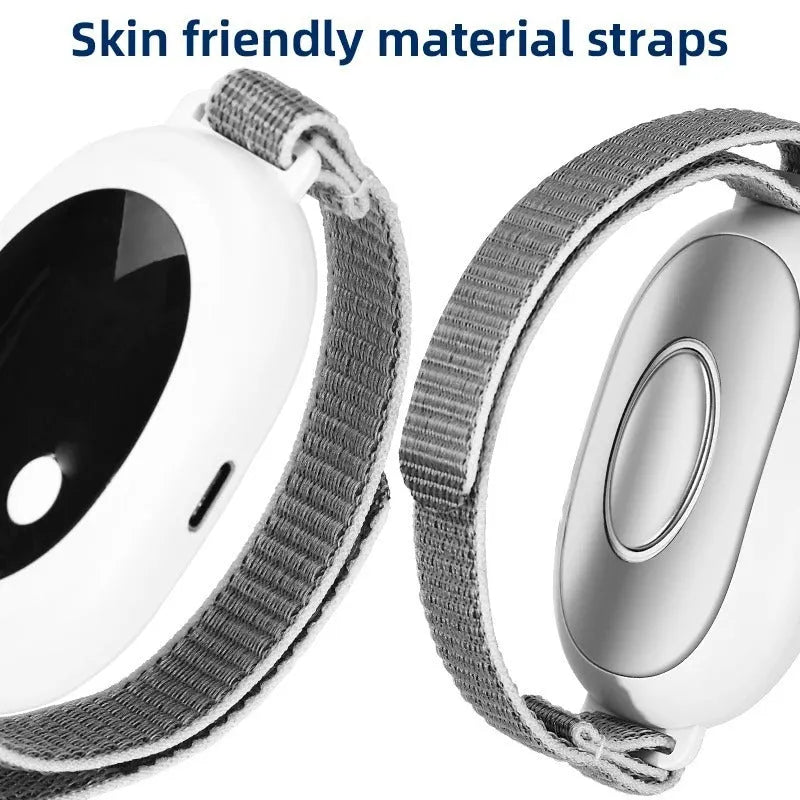 White sleep aid device with handheld remote control showing 20 intensity levels and USB charging cable