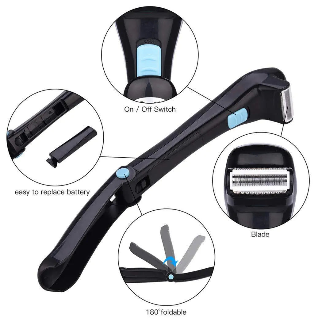 Black folding hair back electric body shaver with battery compartment