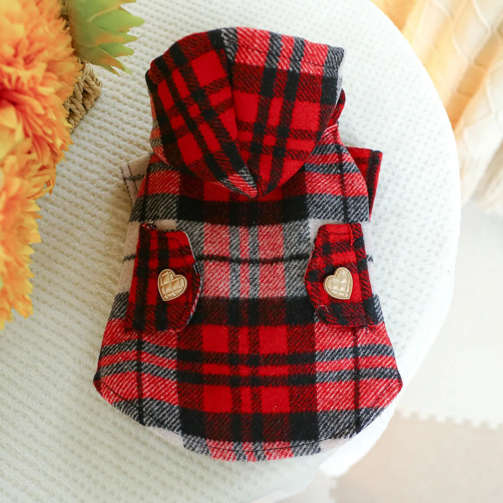 Red plaid dog trench coat for winter wear with size measurements displayed