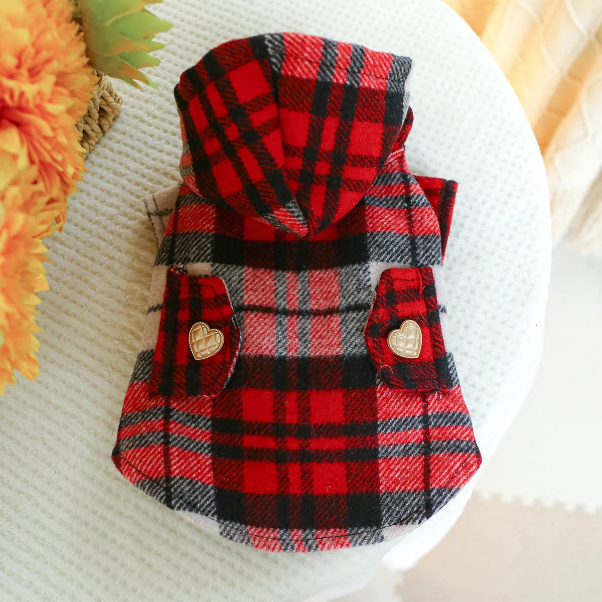 Red plaid dog trench coat for winter wear with size measurements displayed