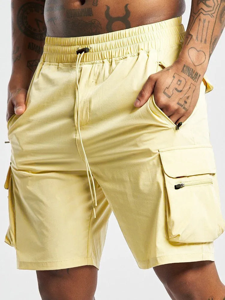 Men's black sports shorts with four-sided elastic fabric and quick-dry lining for running and gym workouts