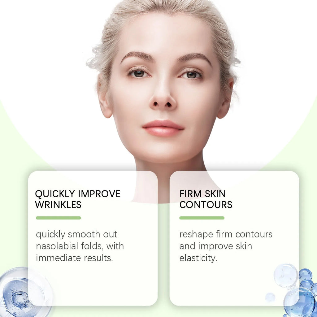 Two facial skin firming care patches showing 4.7cm by 7.8cm dimensions with hyaluronic acid and collagen ingredients