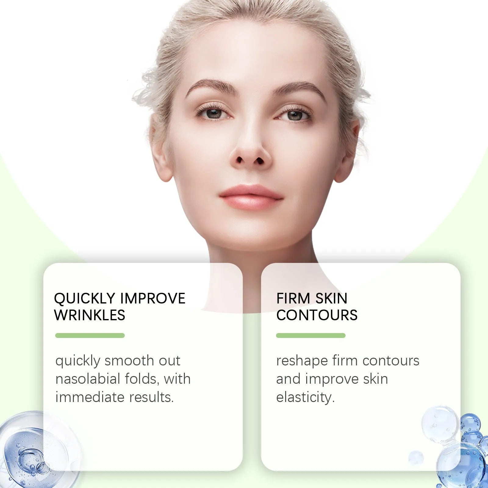 Two facial skin firming care patches showing 4.7cm by 7.8cm dimensions with hyaluronic acid and collagen ingredients