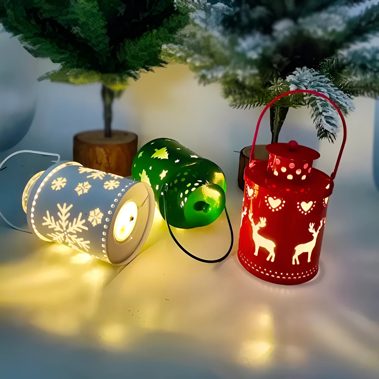 LED Christmas candle lantern with flickering flame effect in wrought iron Nordic style decoration