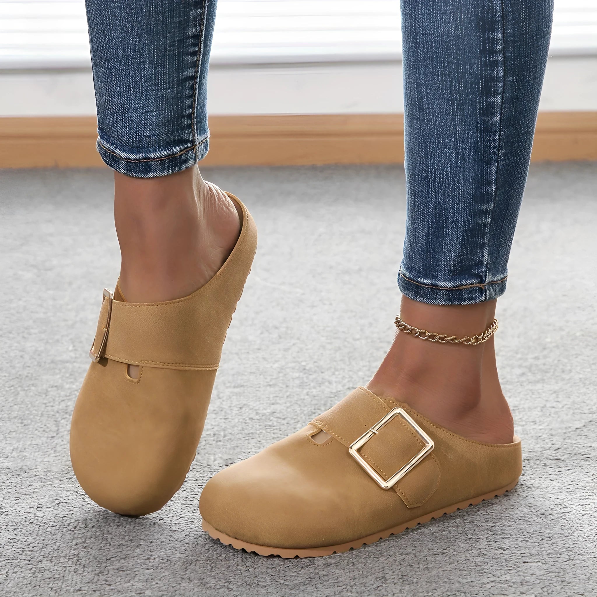 Women's closed toe canvas slippers in apricot colour showing low top design and canvas upper material