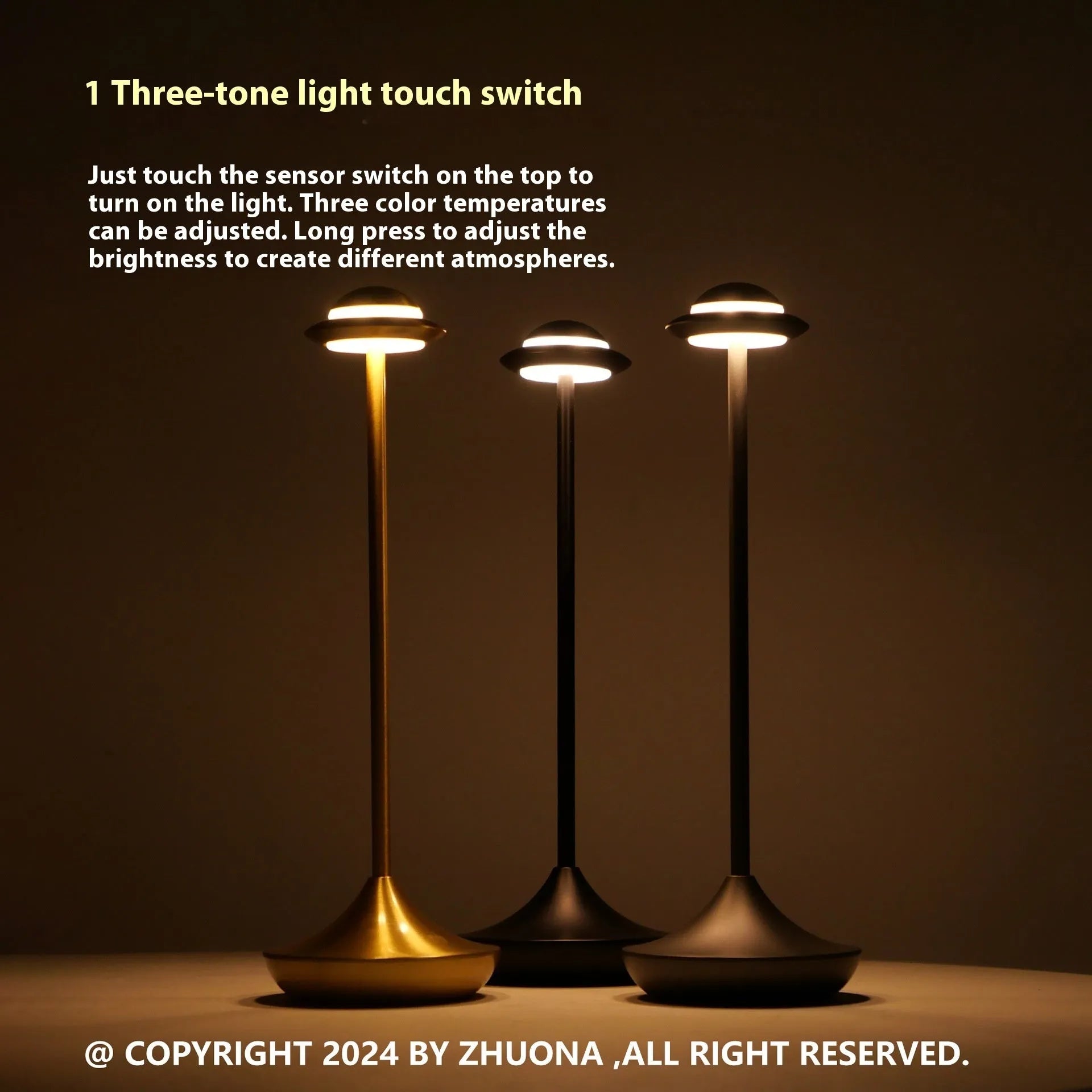 Rechargeable UFO table lamp in black with touch dimming controls