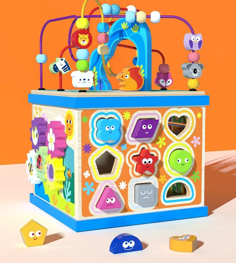 Blue wooden bead treasure box toy with multiple play scenes and bead runs, dimensions 23x23x32cm