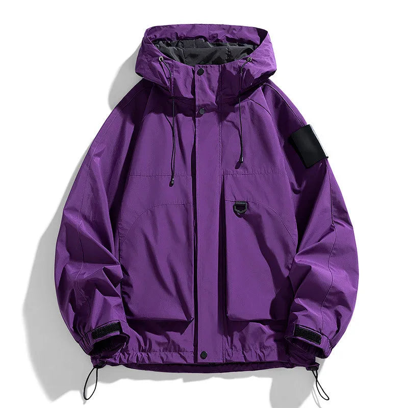 Men's black waterproof hooded coat on a hanger, showing regular length and long sleeves.