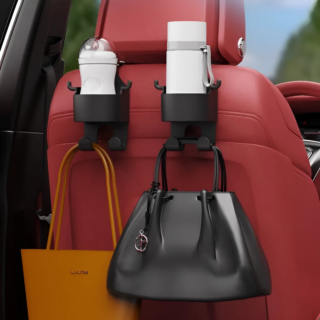 Black plastic car seat back organiser hook with cup holder and hanging hook